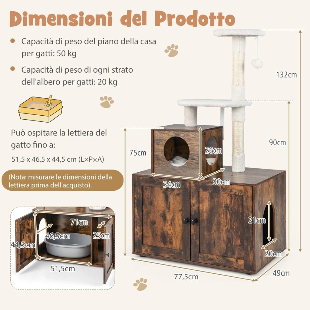 Tiragraffi per Gatti Adulti Con Cuccia, Piattaforma, Cuscini e Albero Alto in Legno - 77,5 x 49 x 132 cm