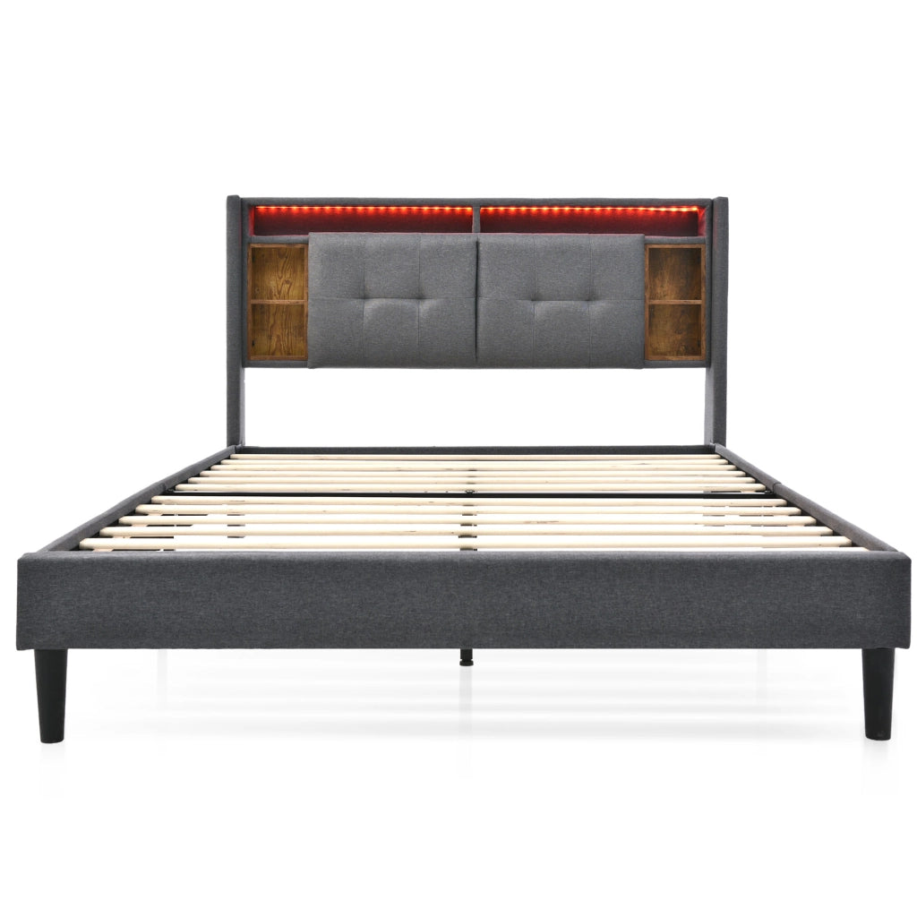 Letto matrimoniale – 140x200 cm – USB LED contenitore testiera con materasso – legno grigio