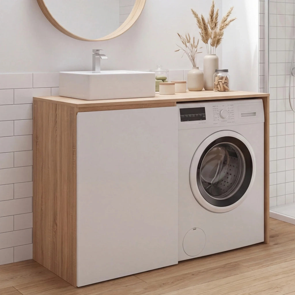IDMarket - Mobile per lavatrice o asciugatrice con armadio TOMI, mobile per lavabo in legno effetto faggio e bianco