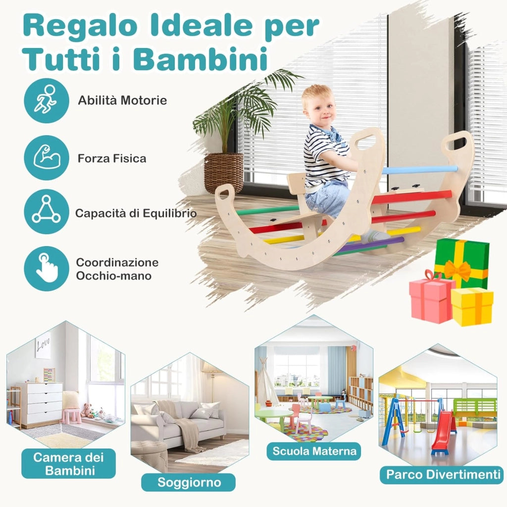 4 in 1 Arrampicata per Bambini, Arco Cavallo a Dondolo Multifunzionale in Legno, Dondolo a 35°, Ideale per Bambini 1-5 Anni, 112 x 52 x 44 cm