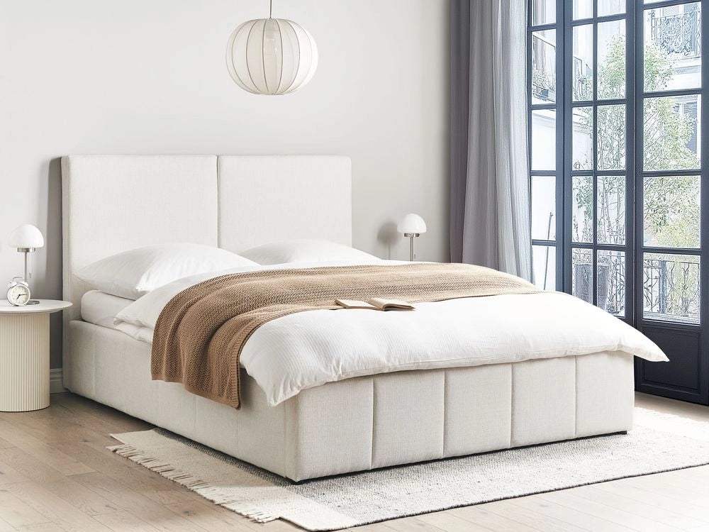 Letto matrimoniale con contenitore rivestito in tessuto bianco sporco 160 x 200 cm camera da letto elegante
