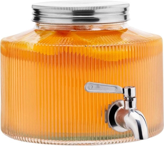 Dispensatore di bevande con maniglia 27 L - Rubinetto in acciaio inossidabile e coperchio - Si incastra nel frigorifero - Rubinetto per limonata con design a righe