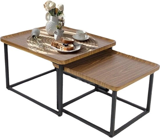 Set di tavoli salotto - 2 pezzi - Legno massello - Design industriale - Noce e Nero