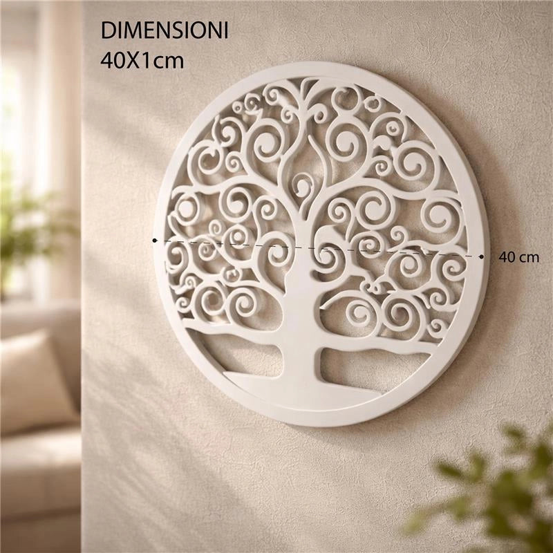 PANNELLO DEORATIVO TONDO IN METALLO 40 CM ALBERO DELLA VITA BIANCO