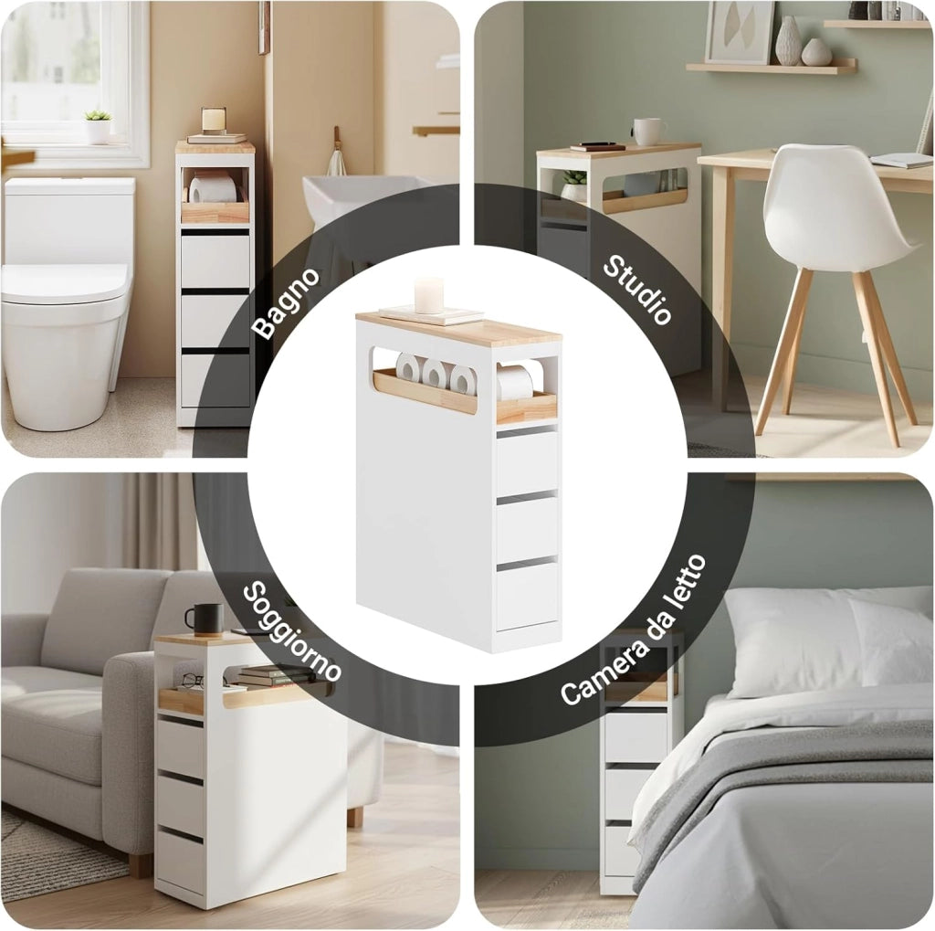 Mobile Bagno, Mobile Salvaspazio con 3 Cassetti, Ripiano in Legno e Rotelle – Mobiletti Stretti, Cassettiera Bagno da Terra, Struttura Resistente e Design Moderno BZR54-II-W