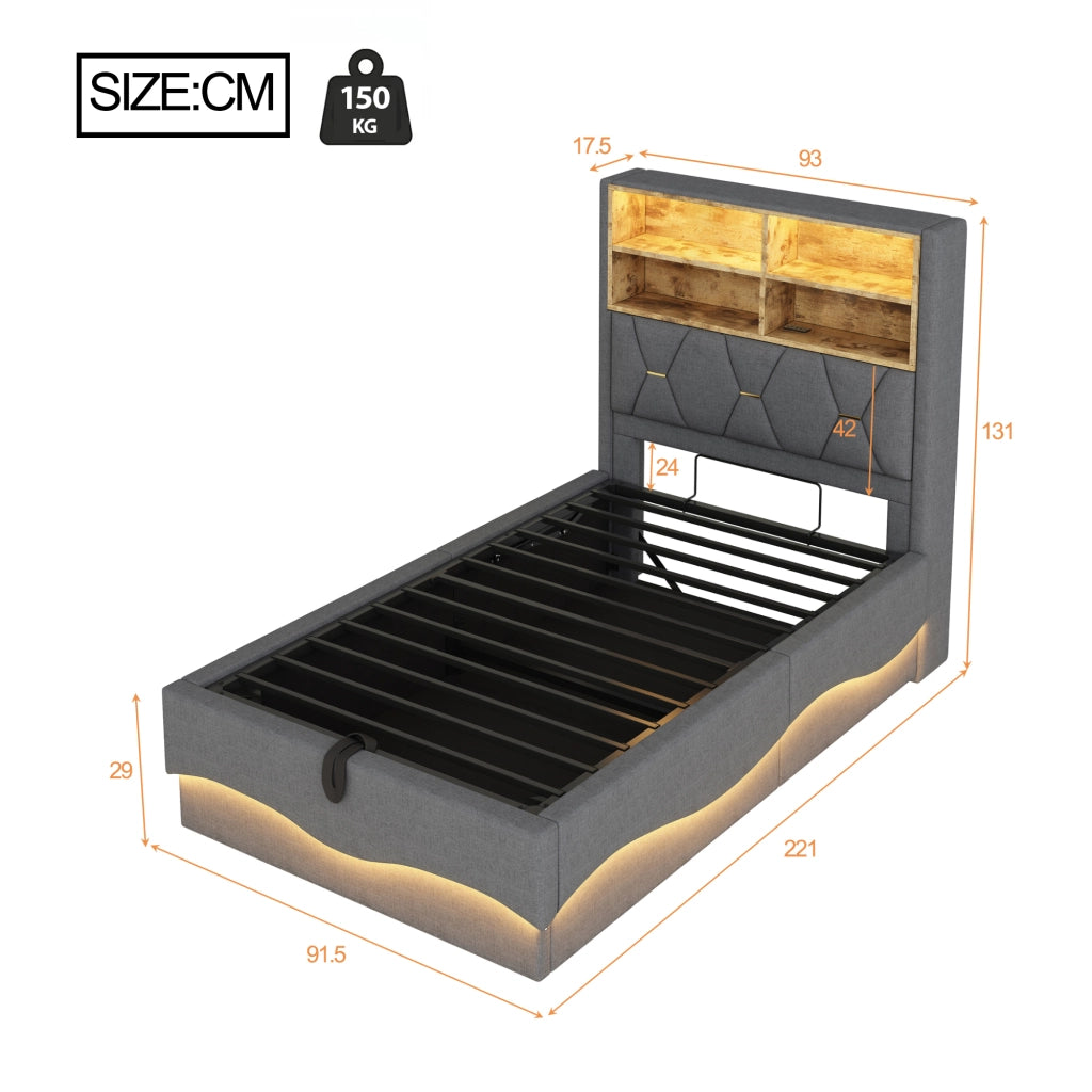 LETTO Multifunzione 90x200 cm Grigio in ferro con LED, USB e vano contenitore