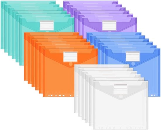 Confezione da 30 buste A4, sacchetti documentali impermeabili, cartelle 11-gaie con spazio per etichette, cartelle colorate per l'organizzazione dei documenti, articoli per la scrivania, materiale scolastico