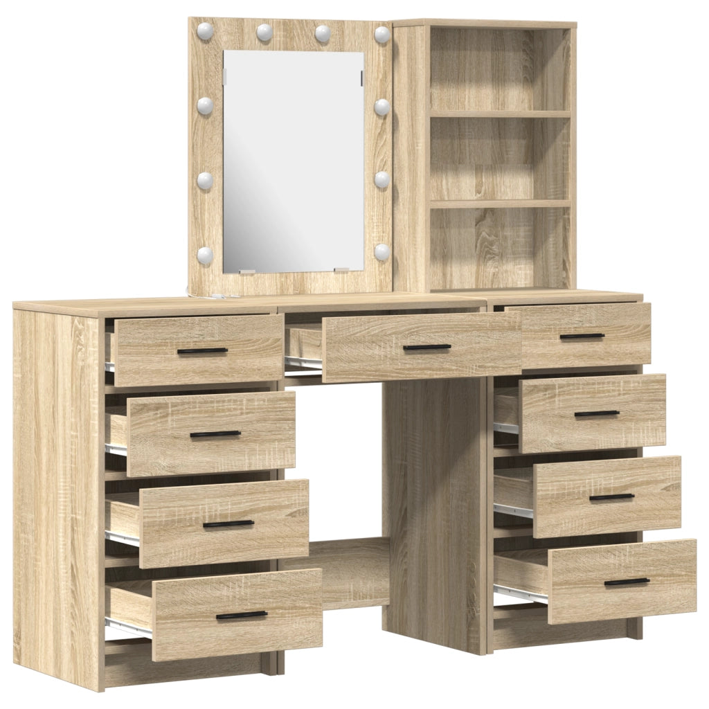 Set da Toeletta di 3 Pezzi vitaXL con LED in Legno Ingegnerizzato Rovere Sonoma