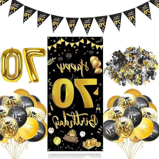Decorazione di compleanno 70 anni - nero-oro - decorazione di festa - uomo donna - palloni - pallone in foglia - 70 anni - cartellone di compleanno