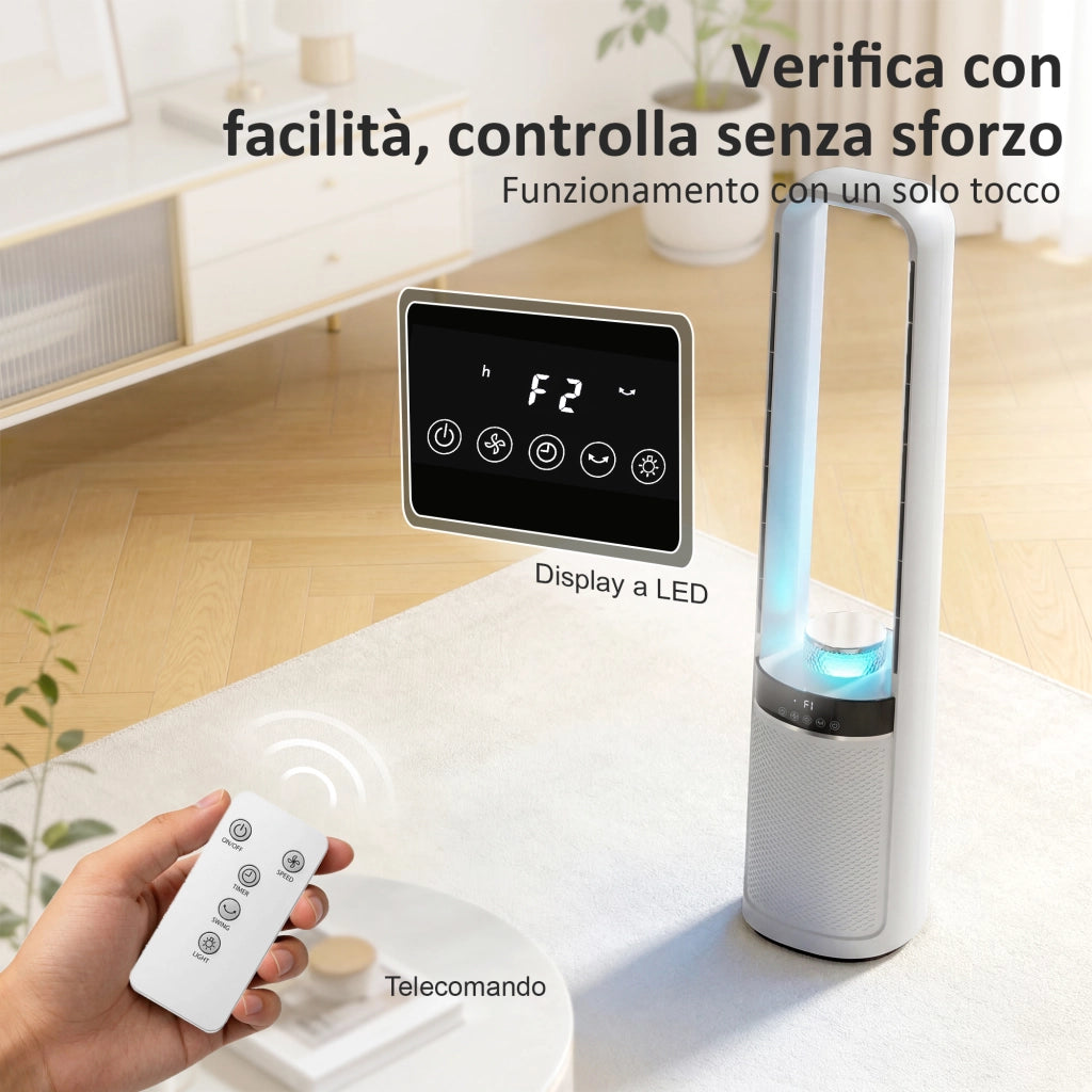 Ventilatore Torre Senza Pale 20,6x21,4x93,3 cm Silenzioso 36dB con Telecomando in ABS Bianco