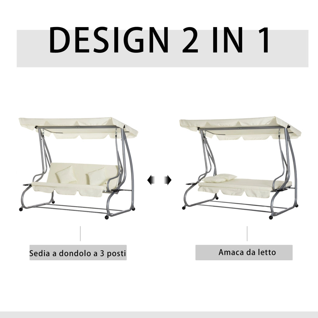 Dondolo Letto da Giardino 3 Posti 200x120x164 cm con Tetto Regolabile e 2 Portabicchieri Crema