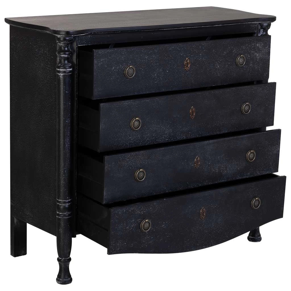Comò in legno laccato nero invecchiato con 4 cassetti 100x40x90h cm