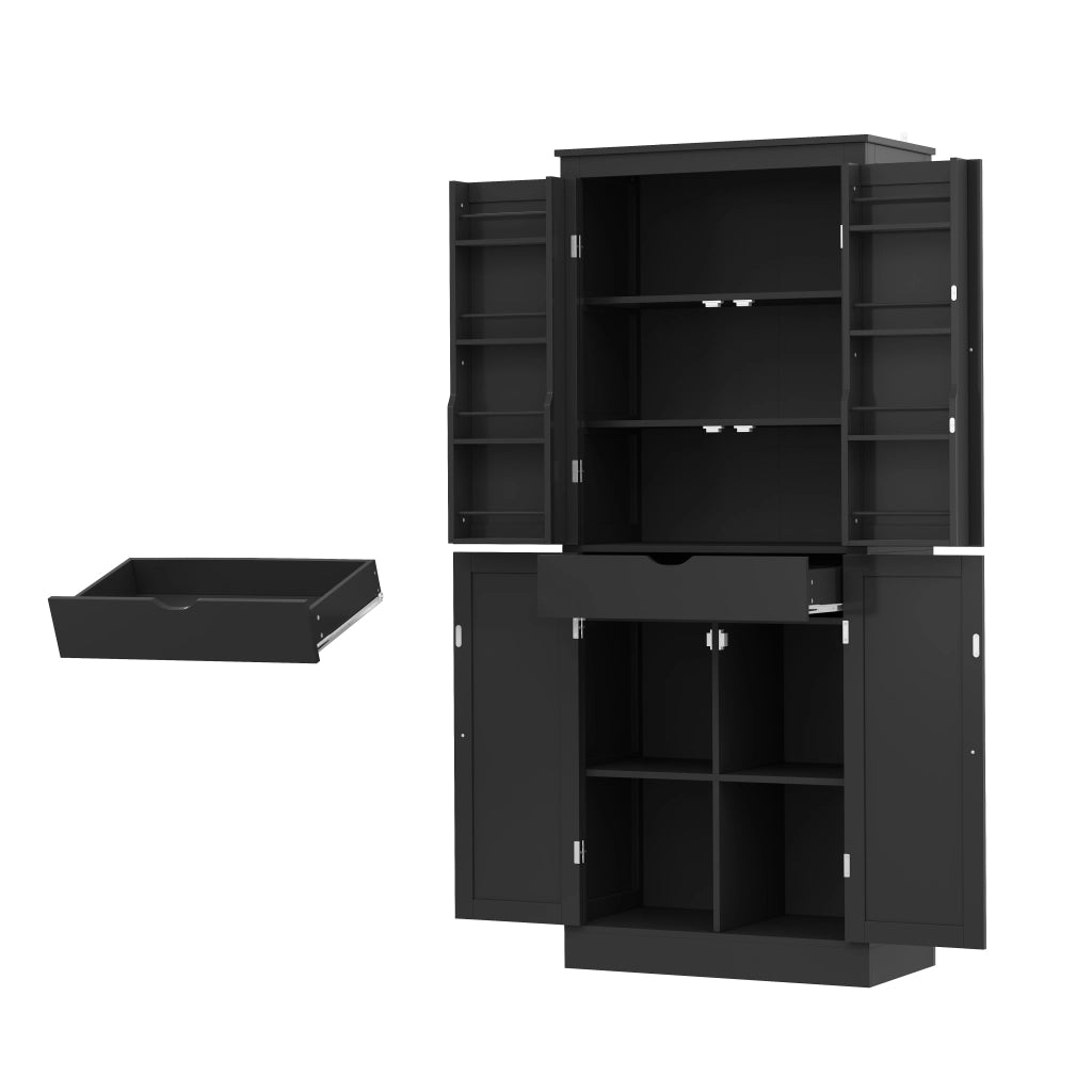 Credenza alta multifunzionale con due ante, ripiani e cassetto interno, 182 × 75 × 40 cm, in MDF, colore nero