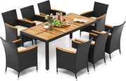 Set da Giardino 9 Pezzi in Rattan PE, Set Pranzo da Giardino con 1 Tavolo e 8 Sedie con Cuscini, Tavolo da Esterno con Piano in Legno di Acacia e Foro per Ombrellone, Naturale
