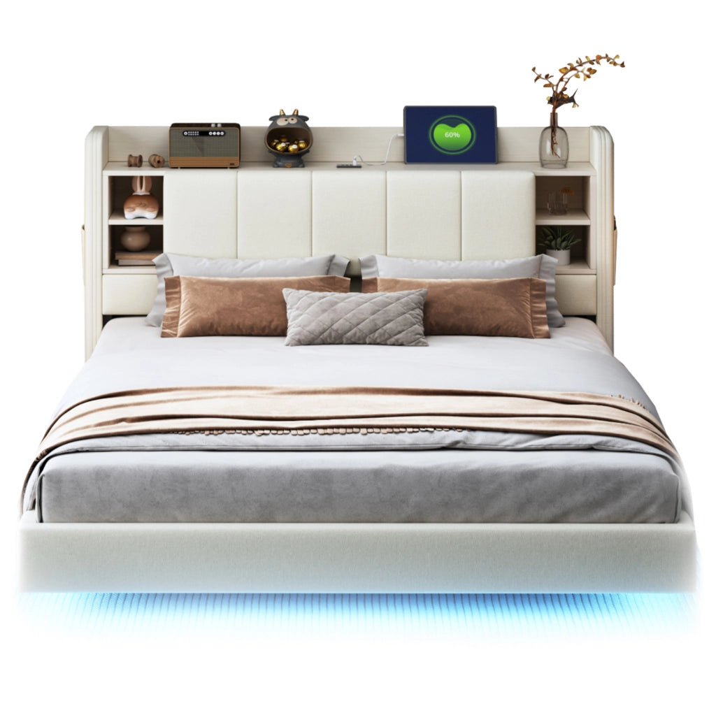 Polsterbett 140x200 cm con LED; USB; testiera ribaltabile e ripiani; beige
