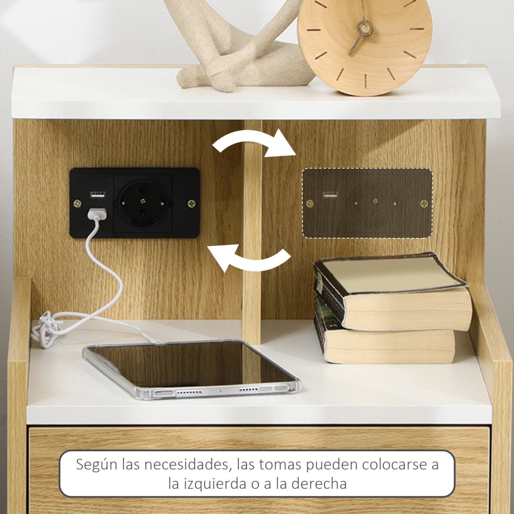 Comodino con USB, presa, cassetto e ripiani ¨C zephmum ¨C 40x40x60 cm, naturale