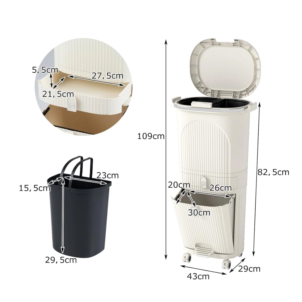 Pattumiera 38L/42L, cestino per il riciclaggio in PP con 3 scomparti, pedale, coperchio con pulsante e ruote, contenitore per cucina, bagno, ufficio (crema, 3 secchi+1 cassetto)
