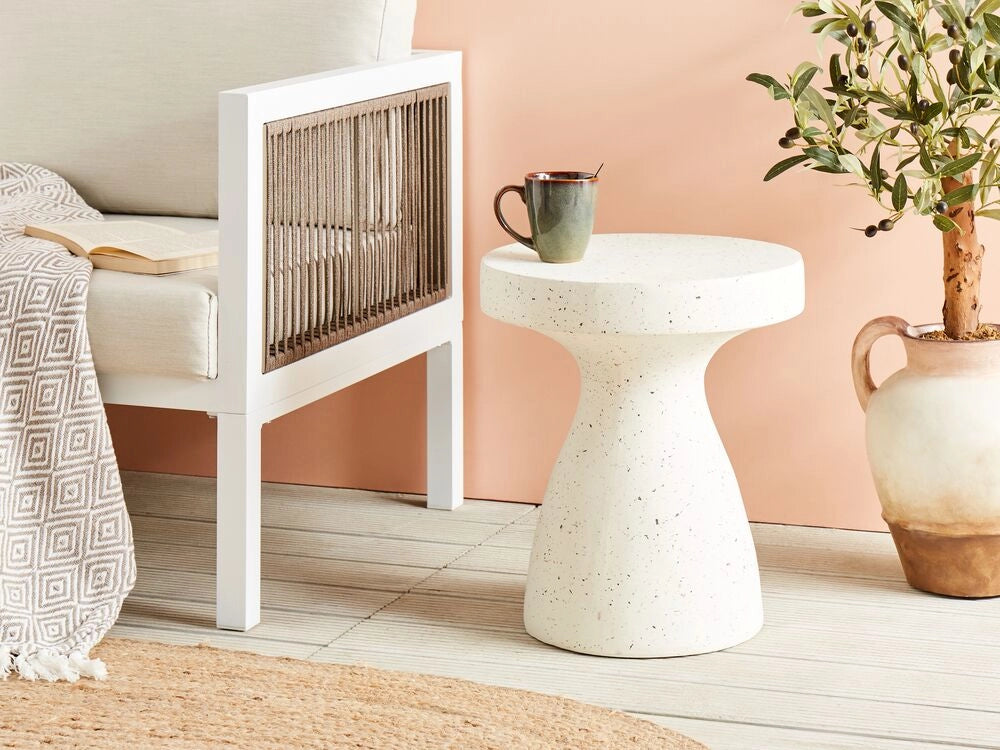 Tavolino decorativo in fibra di vetro MgO bianco forma rotonda resistente ai raggi UV macchie ruggine acqua e vento soggiorno esterno boho