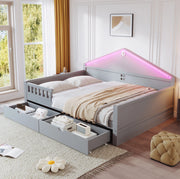 Letto multifunzione 140x200 cm con LED e 2 cassetti; in legno massello e MDF; grigio