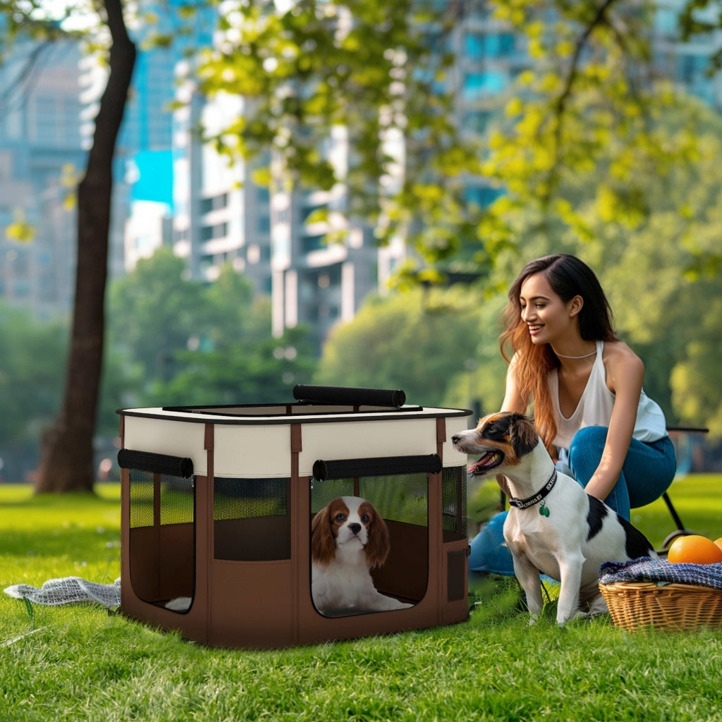 Box per Animali con 6 Finestre e 3 Porte ¨C zephmum ¨C Marrone, Poliestere e Acciaio, 74x60x45 cm