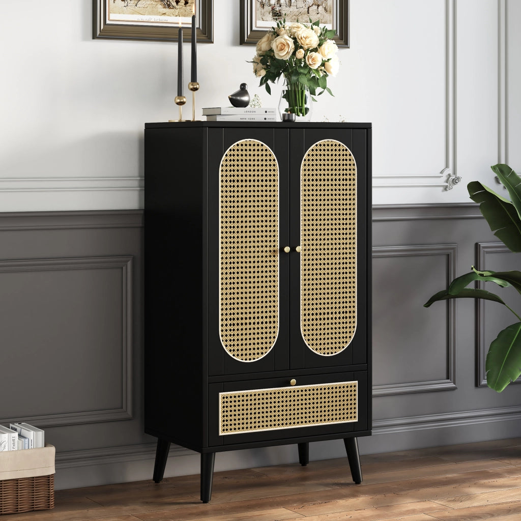 Credenza compatta (1,1m) - Zephmum - Design rattan, nero, 2 ante, 1 cassetto