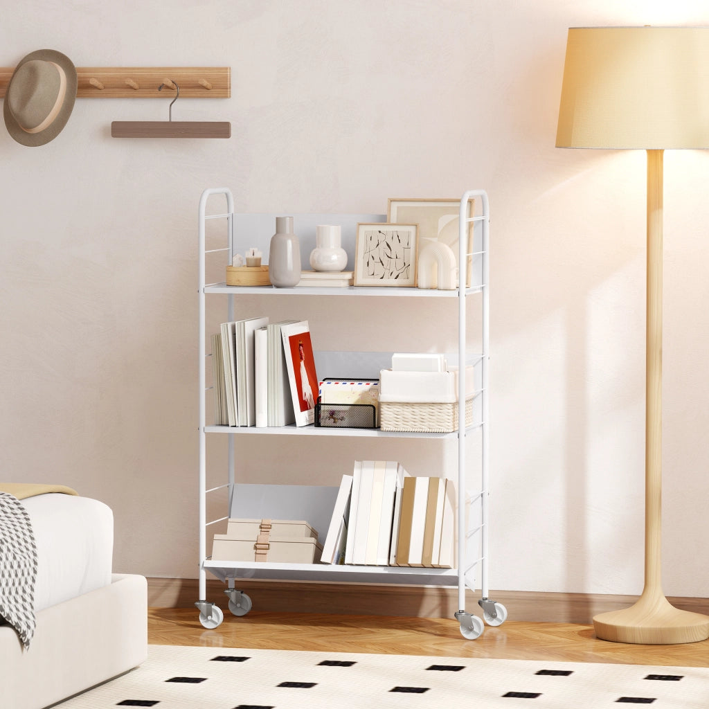 Carrello Portalibri Moderno a 3 Livelli 69x26x108 cm con Ruote Girevoli in Metallo e PP Bianco