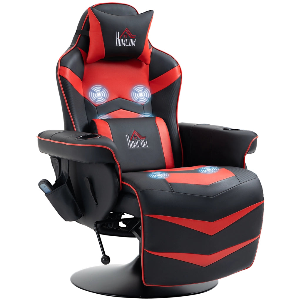 Sedia da Gaming Massaggiante con Poggiapiedi e Cuscino, in Finta Pelle, 78x80x111.5 cm, Nero e Rosso