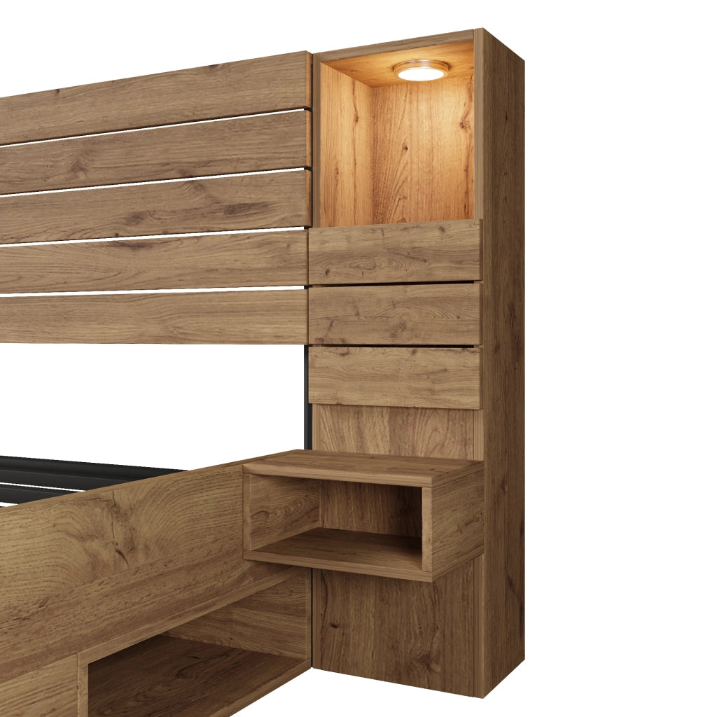 DESMIU Letto Matrimoniale 180 × 200 cm con cassetti, LED regolabile e USB Type C, senza materasso, in rovere
