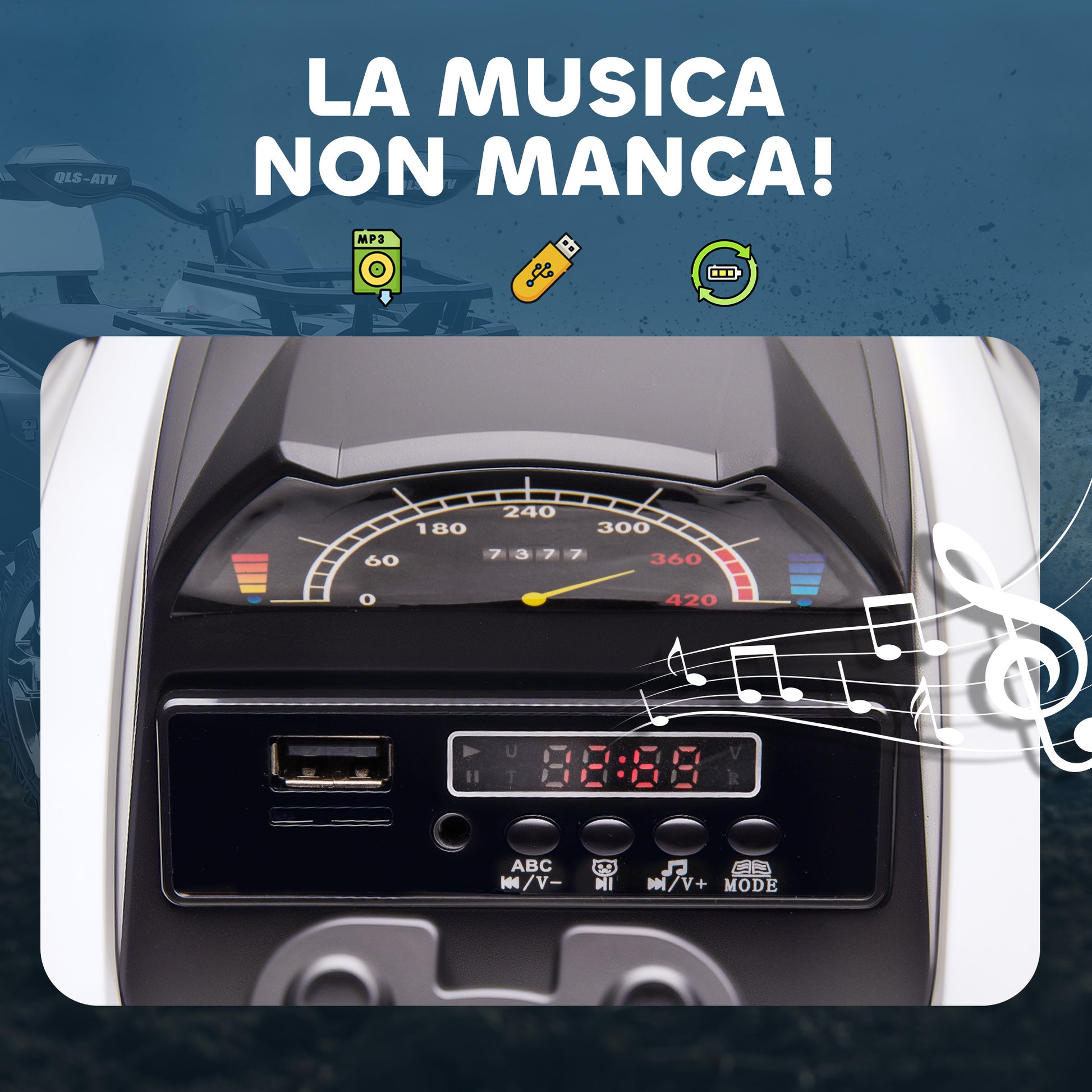 Quad Elettrico per Bambini 3-5 Anni 12V con Fari e Pedale Presa USB per Musica Bianco