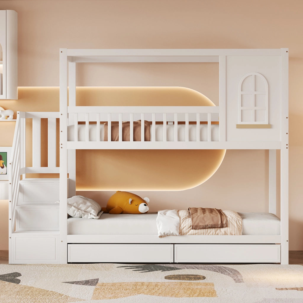 Letto a castello per bambini 90x200 cm con cassetti, bianco