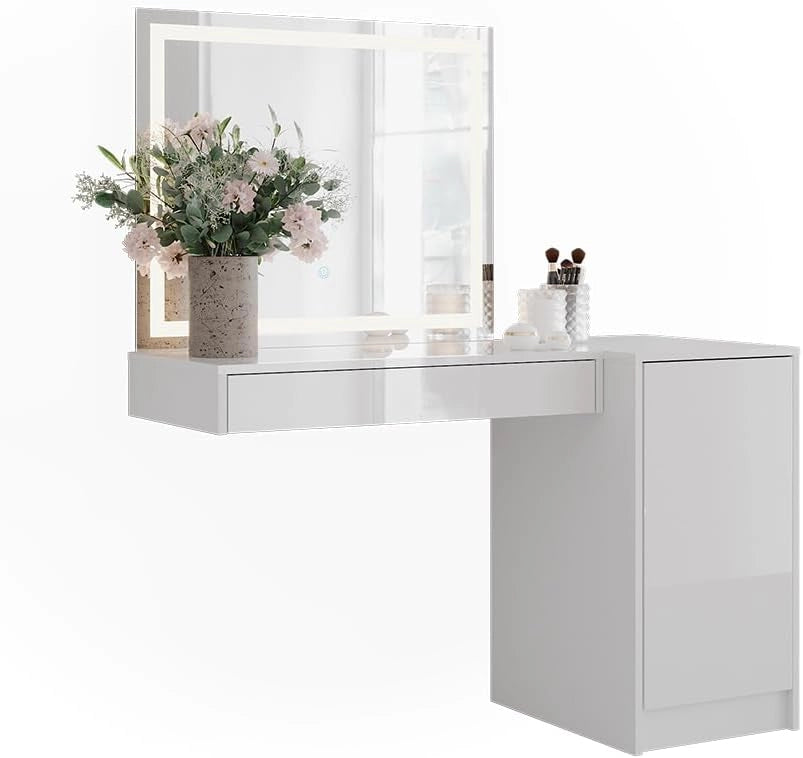 Tavolo da toeletta Sherry, Bianco/bianco lucido, 120 cm 3 parti, con illuminazione LED e grande specchio per la cura quotidiana