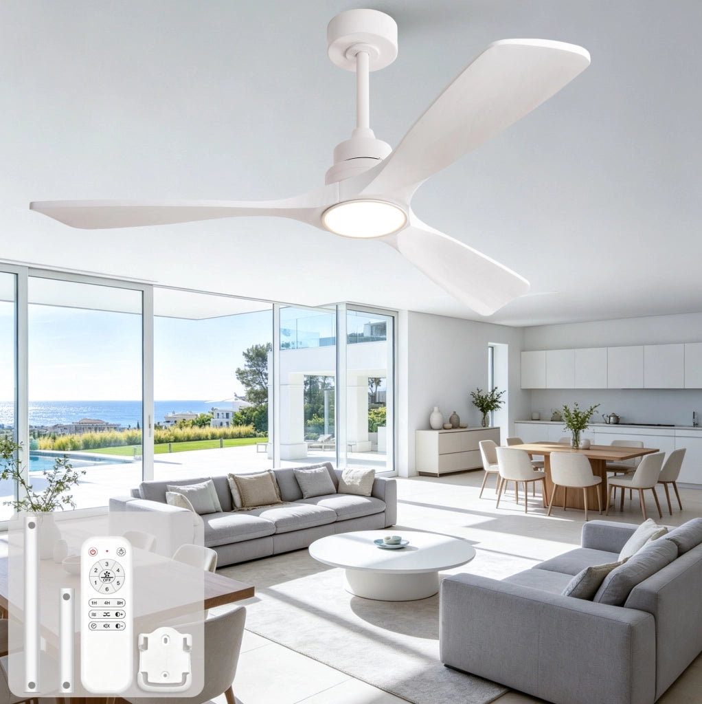 Ventilatore da soffitto 52 pollici con luce LED; 3 pale in legno; bianco
