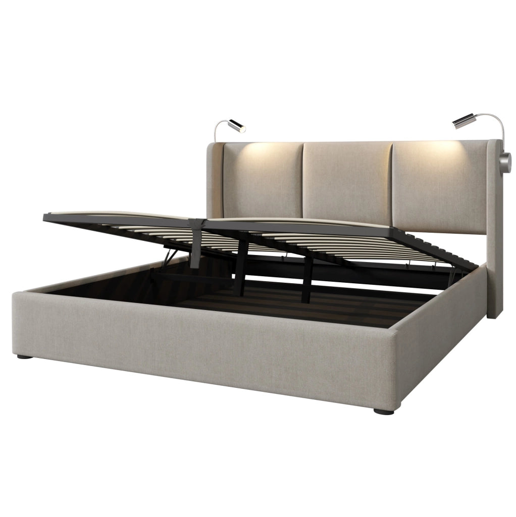 Letto matrimoniale 180x200 cm con contenitore; luce da lettura LED e USB; in lino beige