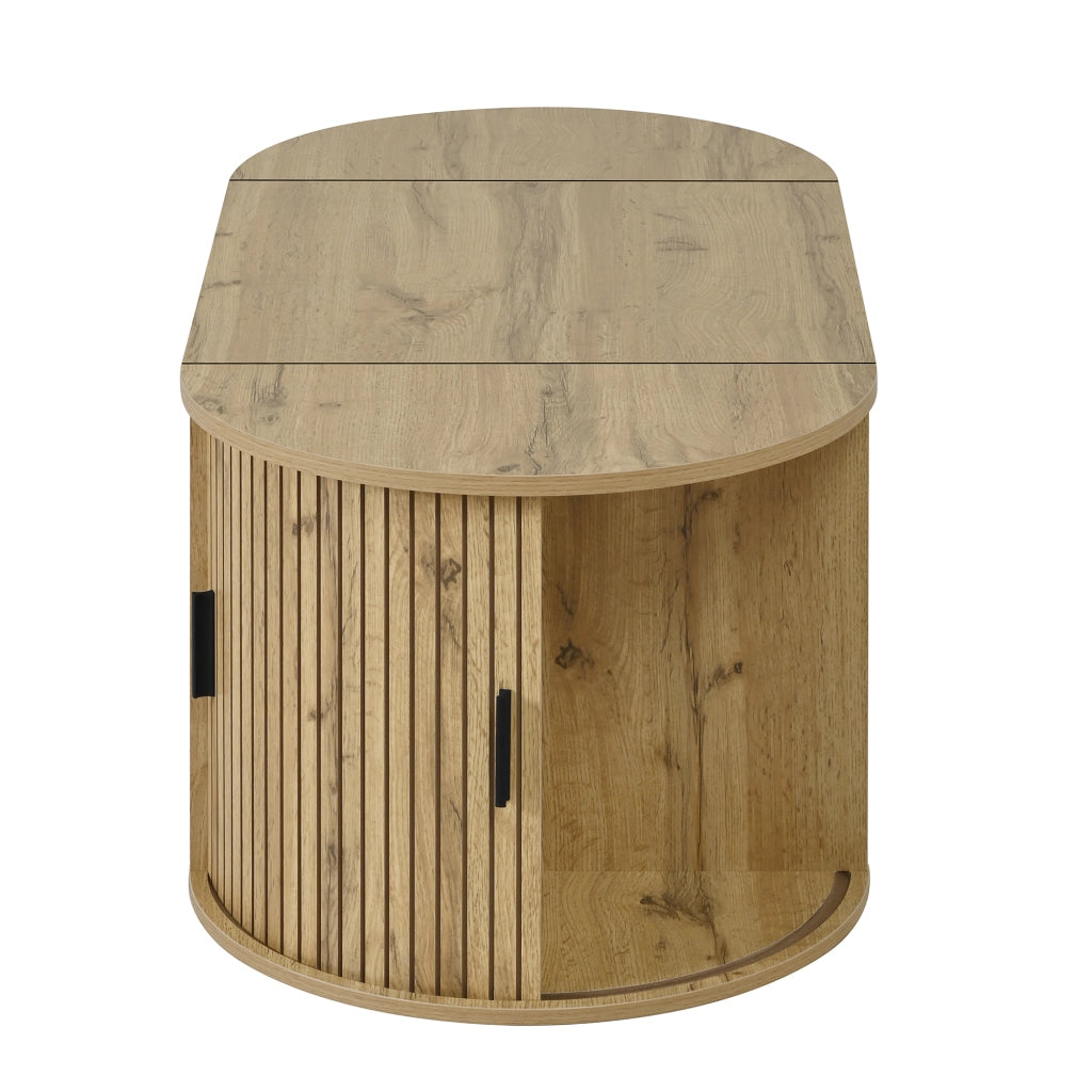 OKWISH Tavolino da Salotto Ovale con Piano Rialzabile, 2 Ante Scorrevoli e Ripiani Aperti, MDF, Rovere, 100×50×40,5 cm