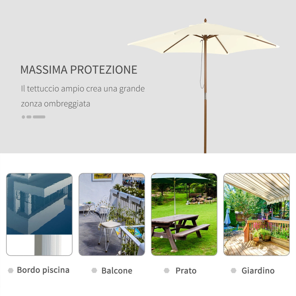 Ombrellone da Giardino 2.5x2.3 m a 6 Stecche, in Legno e Poliestere, Bianco Crema