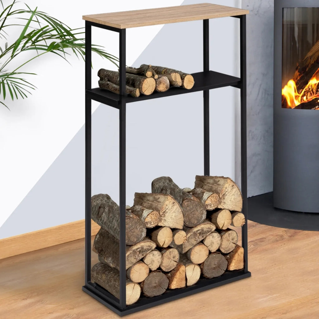 IDMarket - Portalegna per camino verticale in acciaio nero con ripiani 33 x 66 x 112 cm