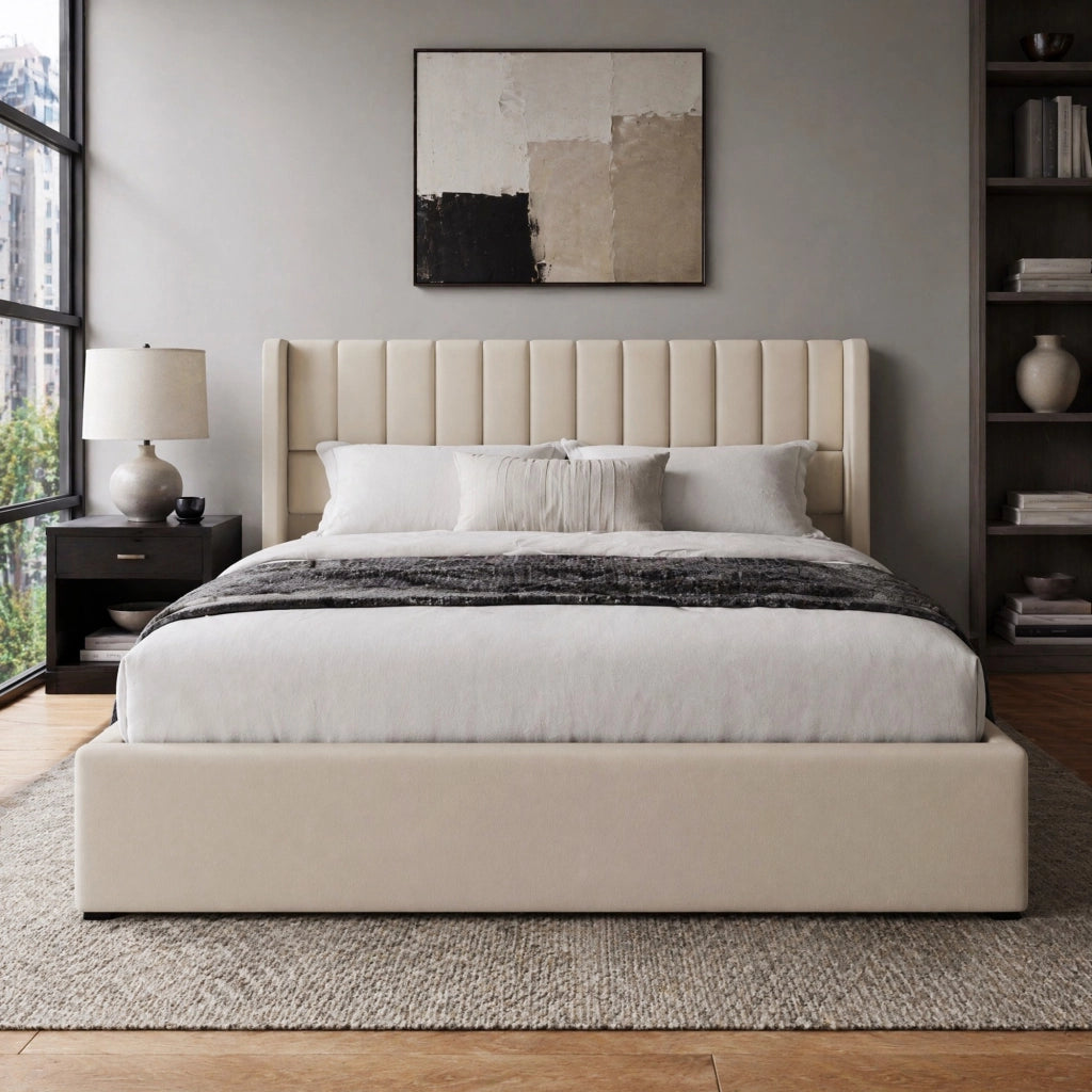 Letto matrimoniale contenitore idraulico 140x200 cm imbottito in lino beige con testiera e rete a doghe
