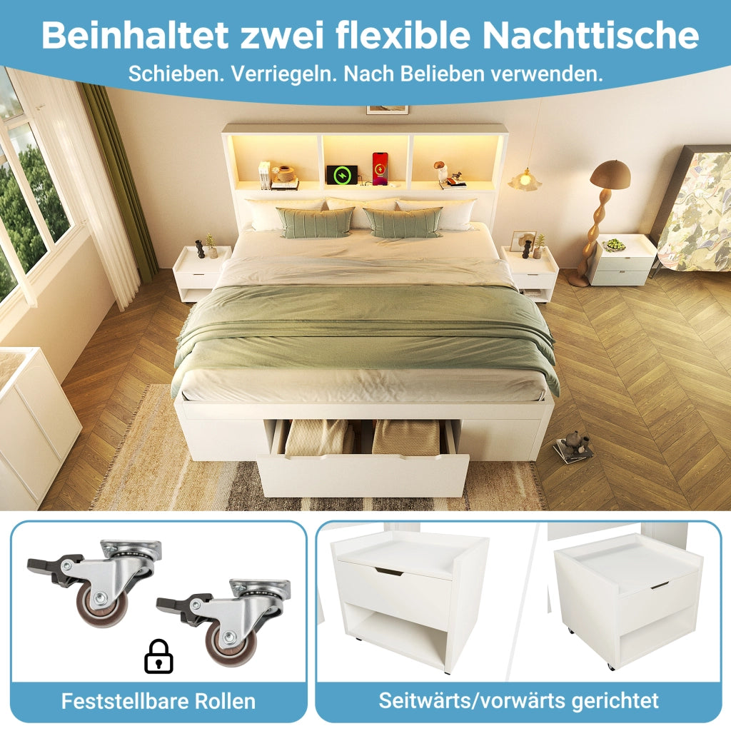 DESMIU Letto Matrimoniale 140 × 200 cm con 2 comodini mobili, LED, USB e Type C, senza materasso, in legno, bianco