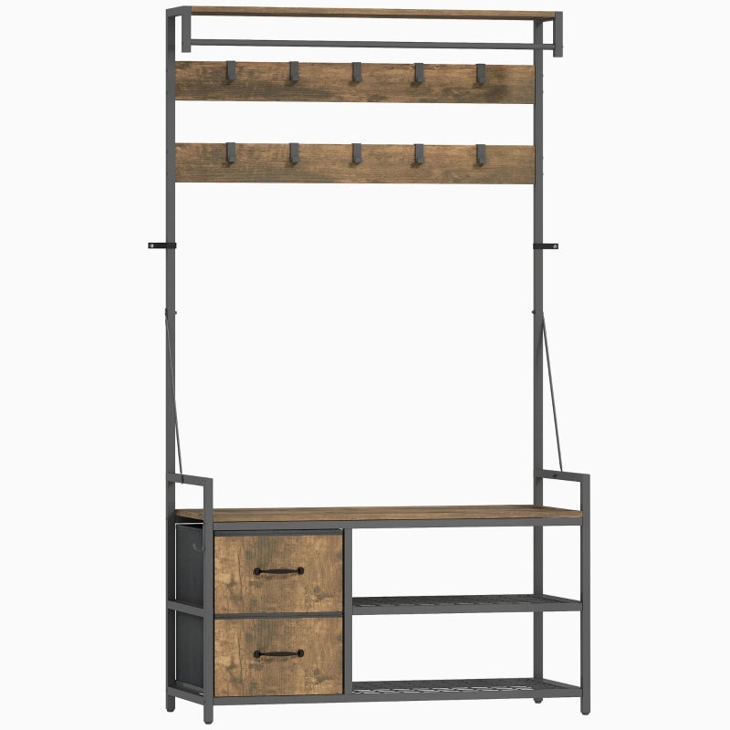 Garderobiera 6 in 1 con panca, scarpiera, 10 ganci e 2 cassetti in tessuto, stile industriale