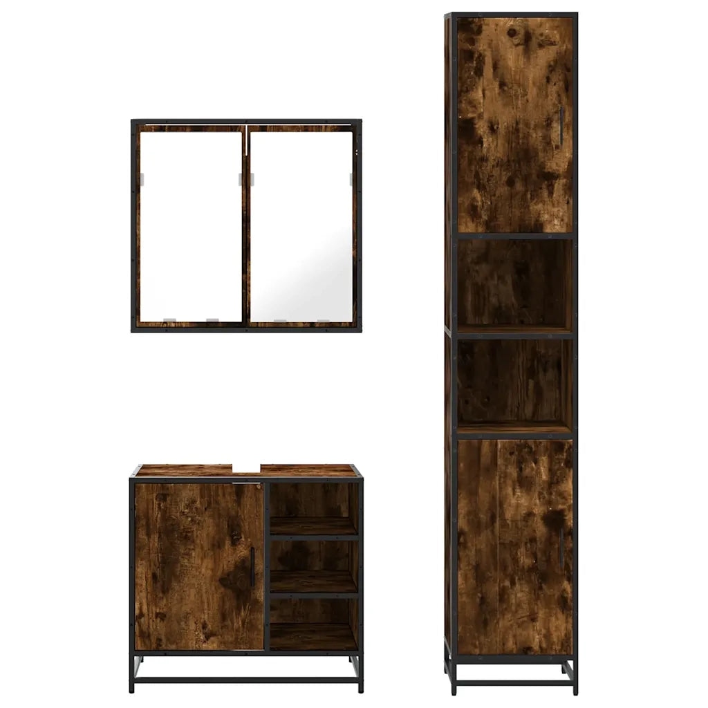 Set Mobili da Bagno 3 pz Rovere Fumo in Legno Multistrato