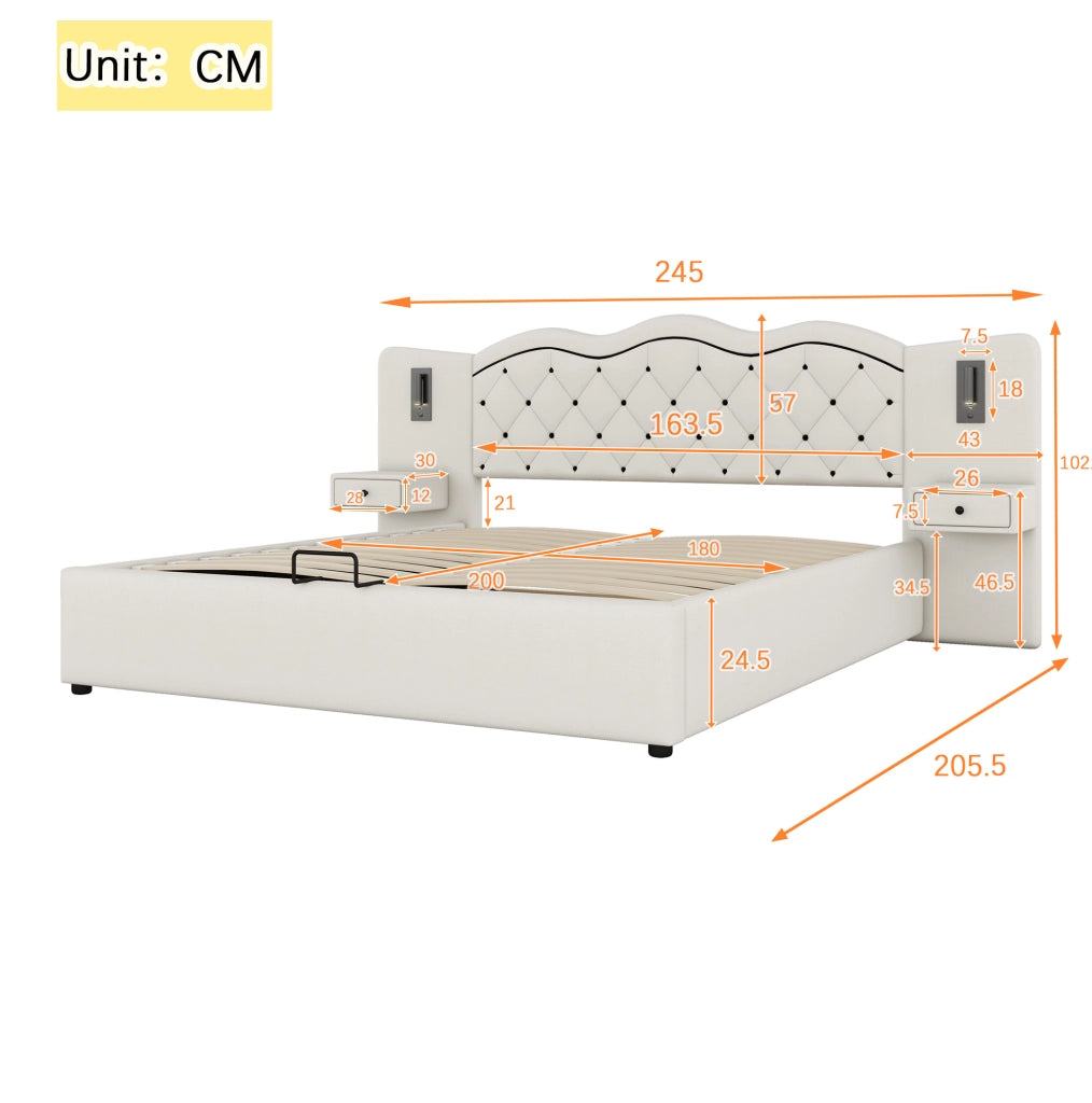 LETTO Imbottito 180x200 cm Beige in lino e MDF con testiera integrata