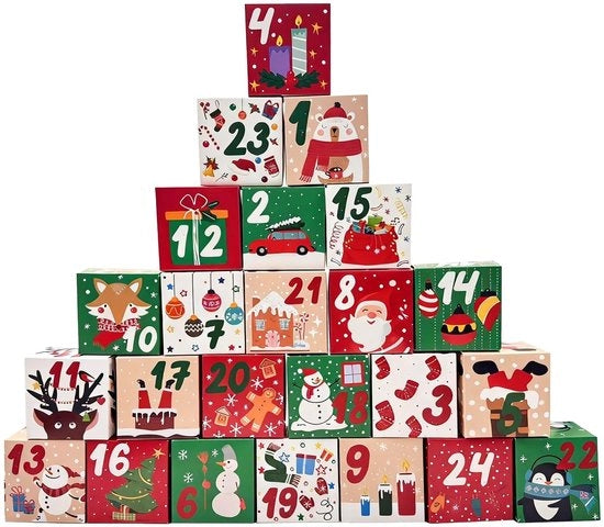 Calendario da riempire per Natale - 24 Scatole - Temi festivi - Colori rosso/verde - 7x7x7 cm - Ideale per regali - Calendario