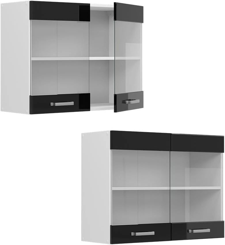 Mobile da cucina in vetro R-Line, Nero lucido, 80 cm, per la libera combinazione all'interno di sistemi cucina modulari