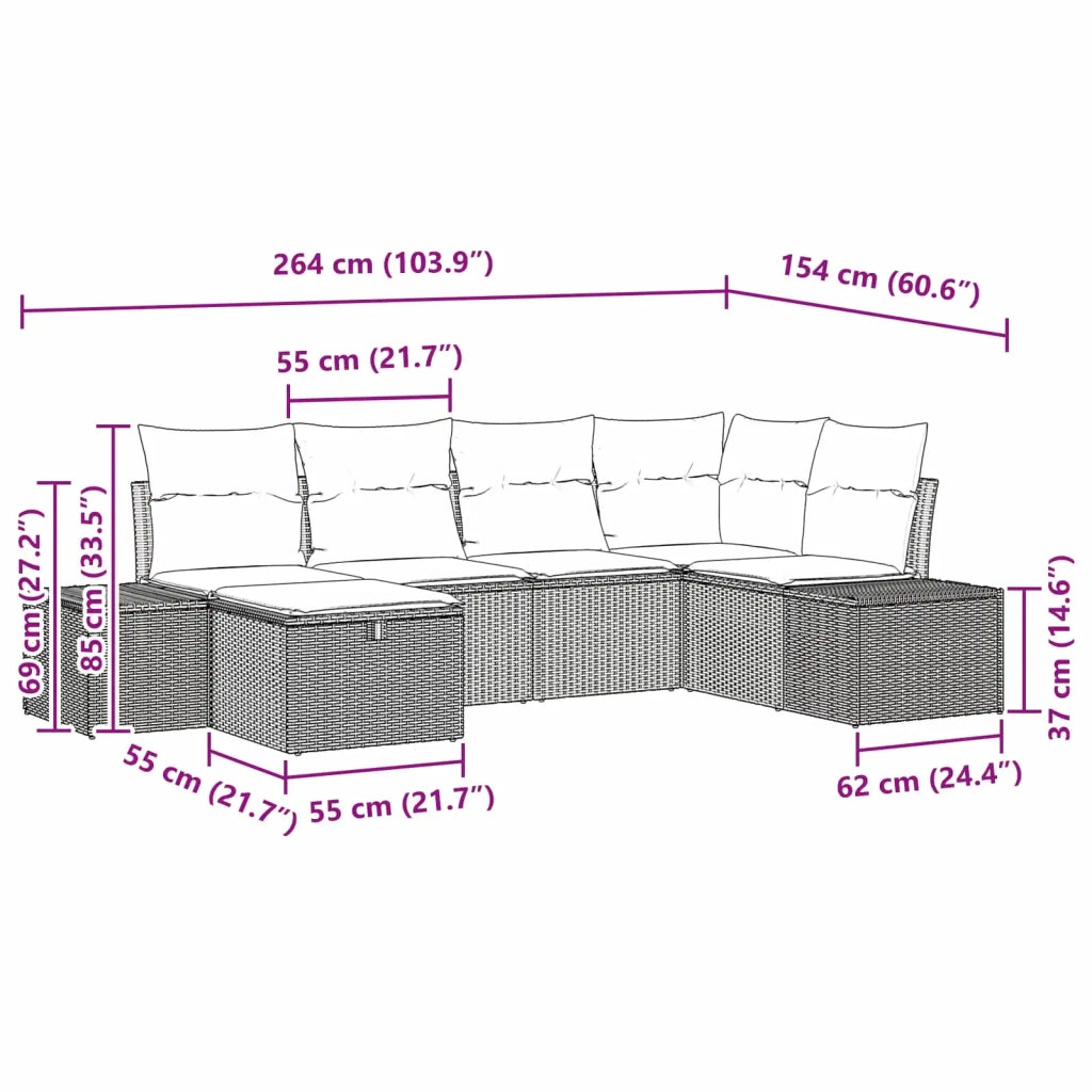 Set Divano da Giardino con cuscino 6 pcs Marrone polyrattan