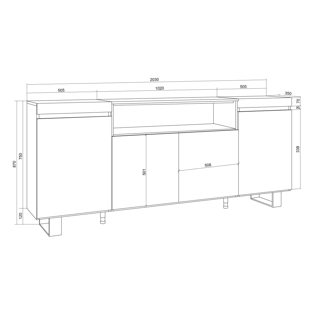 Credenza, Mobile, Cucina, 200x87x35cm, 4 Porte, Design industriale, Rovere soft e bianco