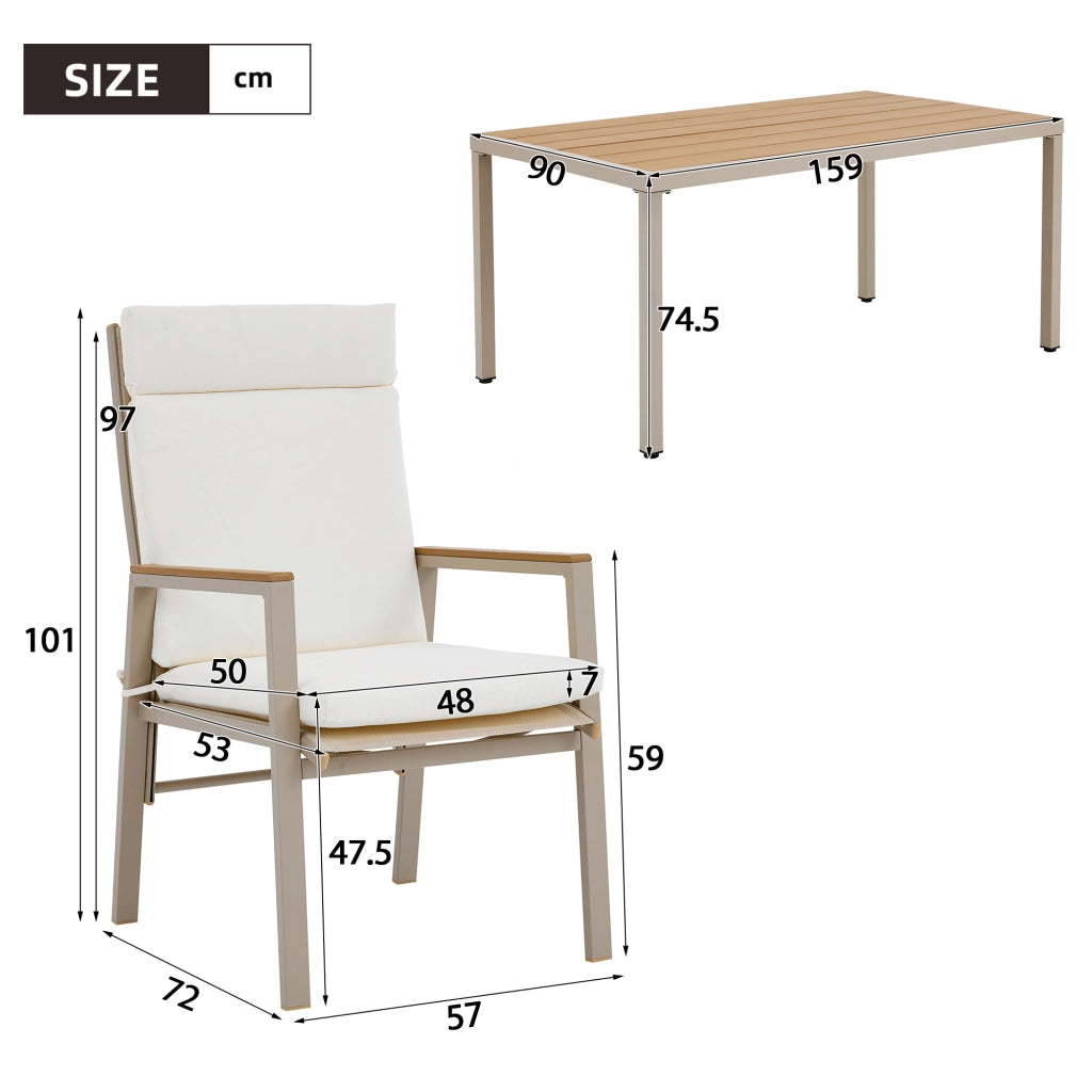 Set da pranzo da giardino set di mobili da giardino adatto a 6 persone composto da 1 tavolo e 6 sedie ferro zincato piano in legno in plastica kaki + beige