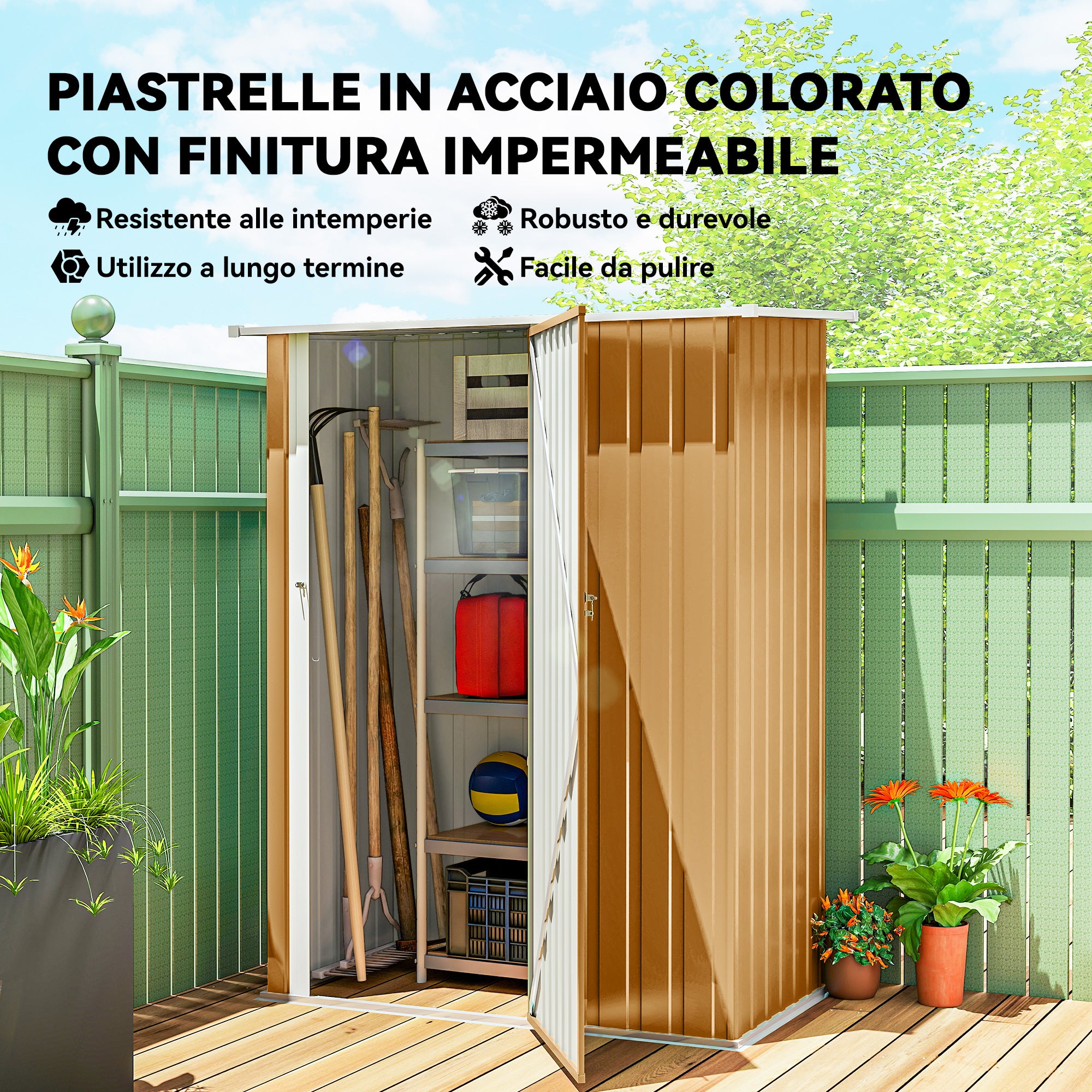 Capanno Porta Attrezzi 142x86x189 cm con Tetto Inclinato e Porta Bloccabile in Metallo Giallo