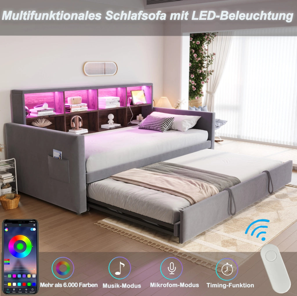 Letto singolo estraibile 90x190 cm con LED; prese USB-C e velluto grigio