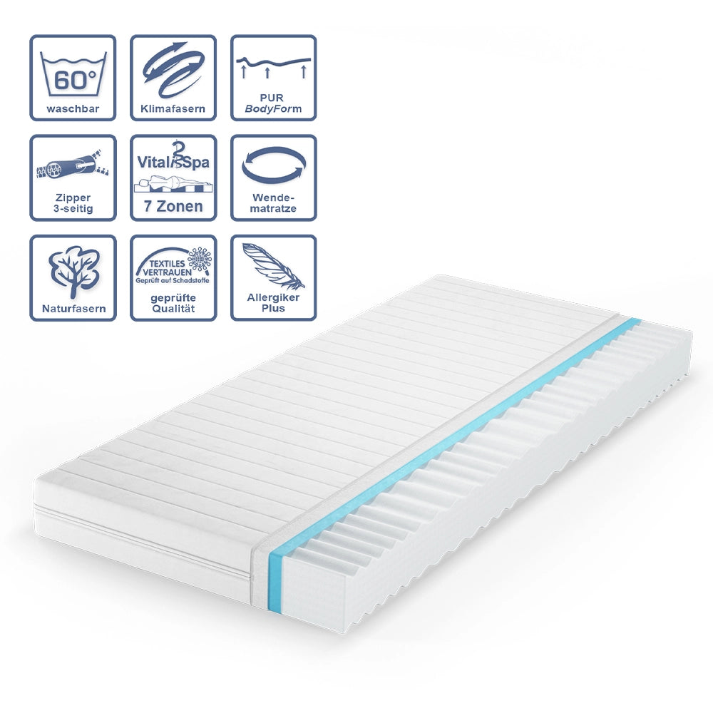 Vitalispa Materasso in schiuma fredda Bianco 90 x 200 cm H2 grado di durezza, 7 zone