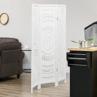Separé Paravento da Interni Pieghevole a 3 Pannelli in Legno Intagliato, 120x170cm, Bianco